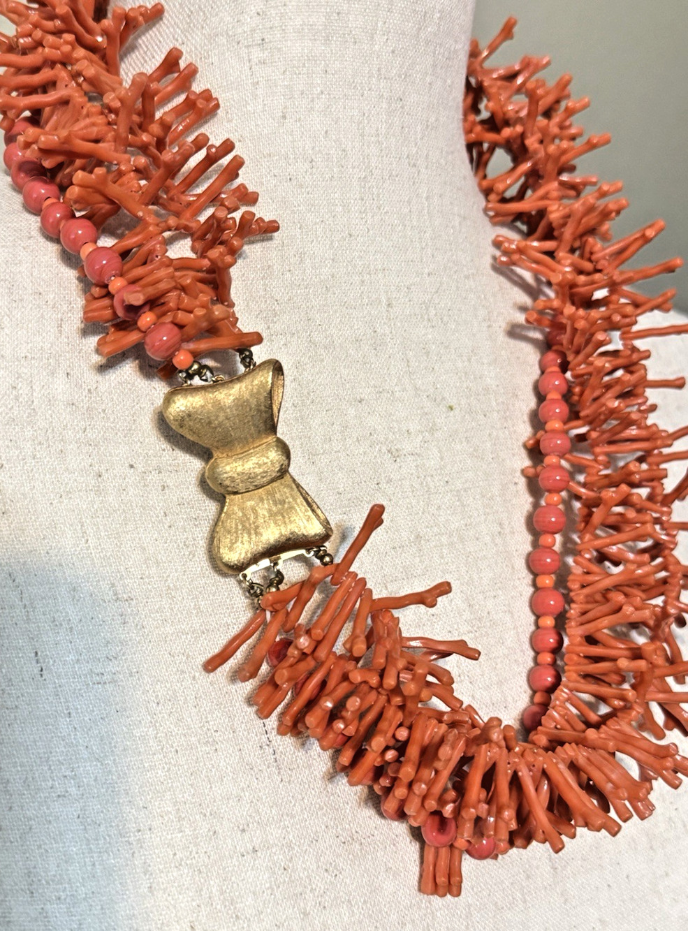 Rare Vintage CADORO Multi Strand Faux Coral Branch Necklace Bow Clasp 1960's